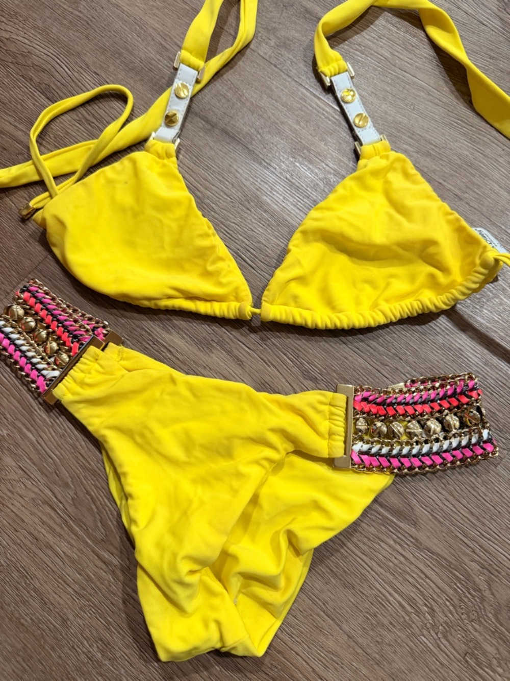 Beach Bunny Yellow Bikini with Gold and Pink Accents